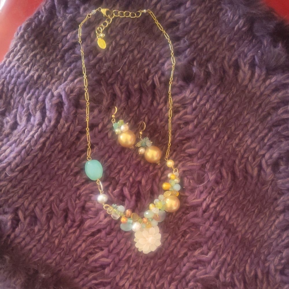 Anna Balkan Gold Filled Gemstone Floral Necklace And Matching Earrings